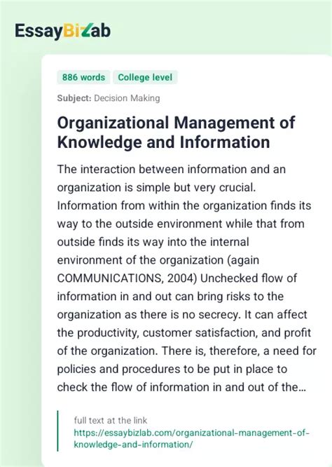 Organizational Management Of Knowledge And Information Business Essay