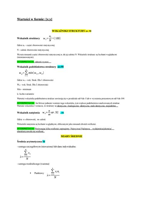 Statystyka wzory Wartości w formie x y WSKAŹNIKI STRUKTURY str 90