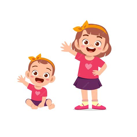 Premium Vector Cute Little Girl Say Hello With Young Sister