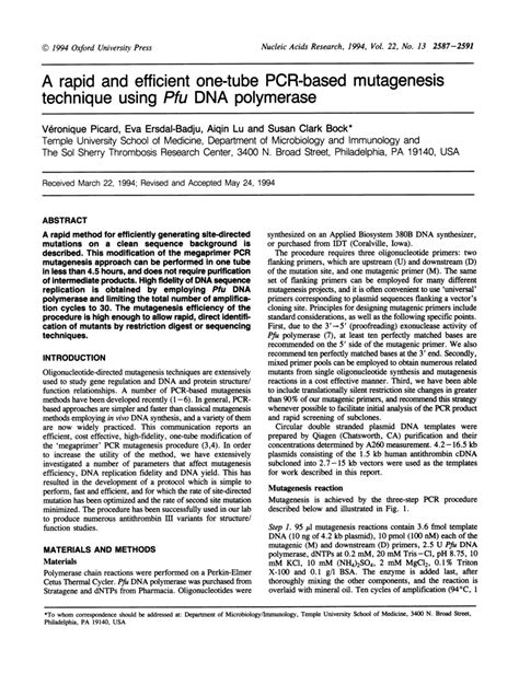 Pdf A Rapid And Efficient One Tube Pcr Based Mutagenesis Technique Using Pfu Dna Polymerase