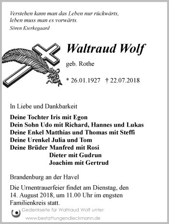 Traueranzeigen von Waltraud Wolf Märkische Onlinezeitung Trauerportal