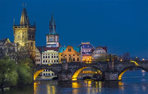 Czech Republic Prague Rivers Bridges Houses Evening