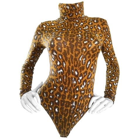 1990s Gianni Versace Leopard Print 90s Vintage Turtleneck Bodysuit