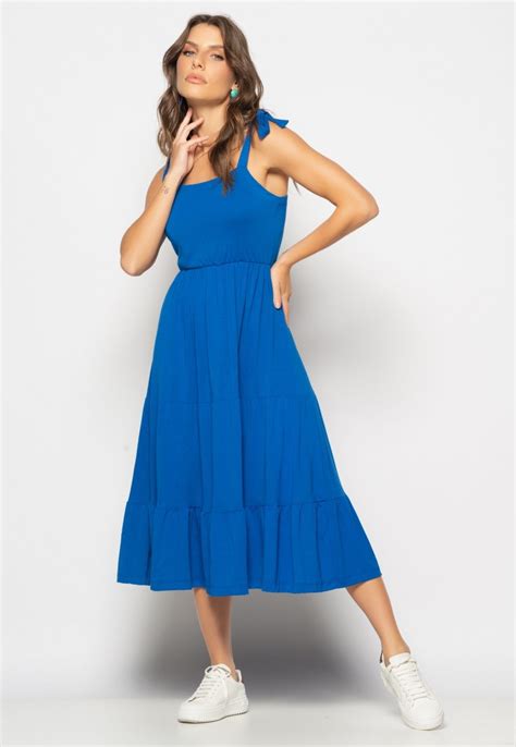 Vestido Midi Babado Alça Amarração Malha Salvatore Azul Royal