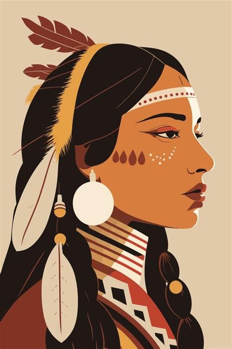 Native american indian woman with feathers in profile, vector ...