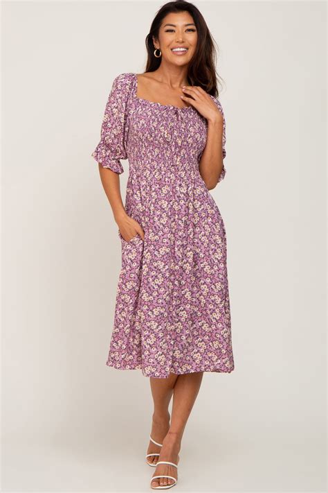 Mauve Floral Smocked Front Tie Maternity Midi Dress Pinkblush