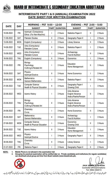 Date Sheet Bise Abbottabad Hssc I And Hssc Ii Annual Exams