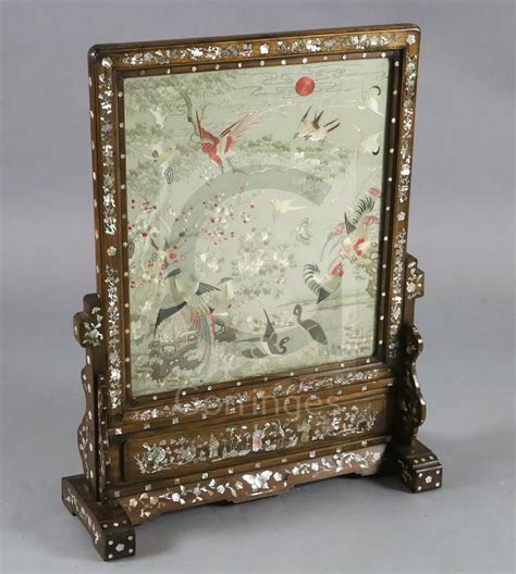 A Chinese Embroidered Silk Hongmu And Mother Of Pearl Framed Table