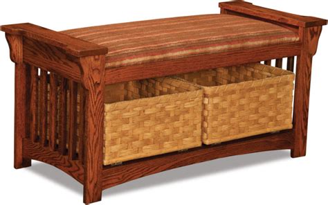 Mission Slat Wood Bench With Baskets Amish Custom Bench