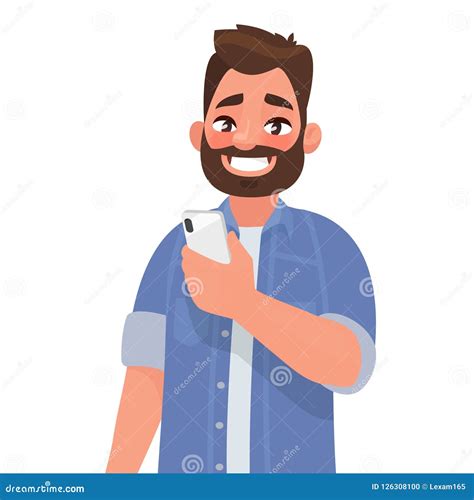 Happy Man Is Holding A Smartphone Person And Gadget Communication In