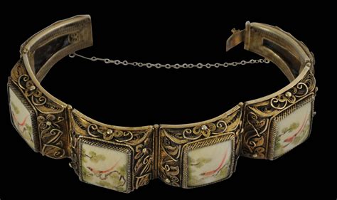 Chinese Gilded Silver Filigree Bracelet With Hand Painted Panels