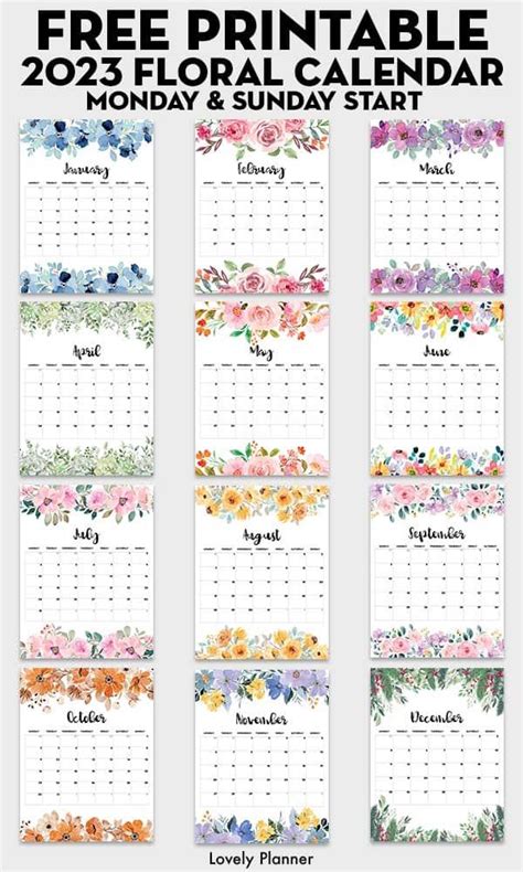 Free 2023 Floral Calendar with 12 flowery monthly calendar pages ...