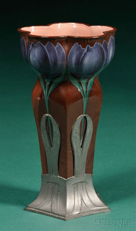 Art Nouveau Jugendstil Orvit Pewter And Ceramic Vase Art Deco Vases