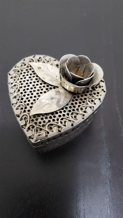 Vintage Heart Shaped Jewelry Box Metal Mesh Trinket Box With Rose Etsy