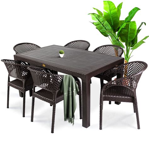 Bahex Defne 90x150CM Rattan Bahçe Balkon Masa Takımı 6 Kişilik Camsız Set