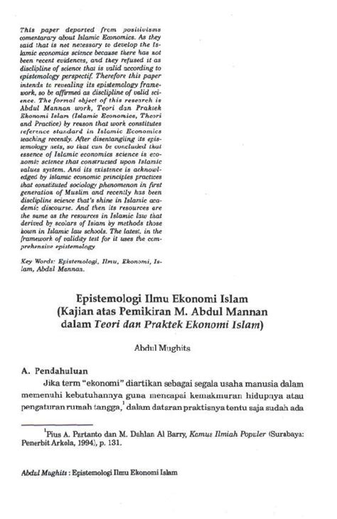 PDF Epistemologi Ilmu Ekonomi Islam Kajian Atas Pemikiran M Abdul