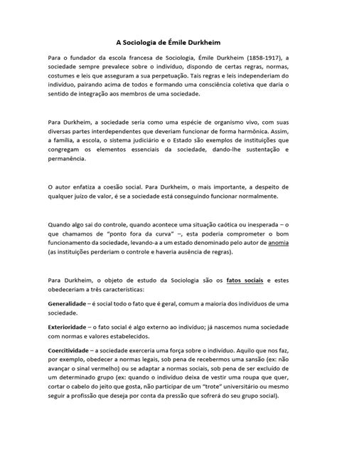 Coesão Social Para Durkheim - Sociologia de Durkheim: Fatos Sociais e Coesão | PDF
