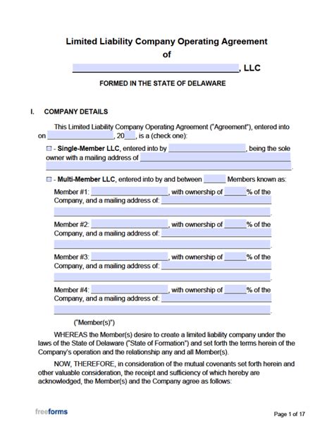 Free Delaware Llc Operating Agreement Template Pdf Word