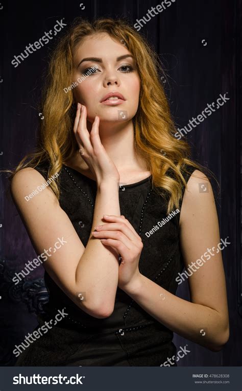 Beautiful Model Girl Wearing Black Dress Stock Photo 478628308