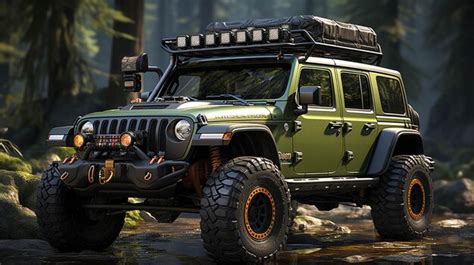 Premium Photo A Green Jeep With A Roof Rack For Tour