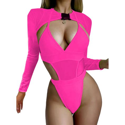 Women 2 Piece Neon Rave Outfit Sexy Low Cut Bodysuit Swimsuit Y2k Long Sleeve Sheer Mesh Shrug