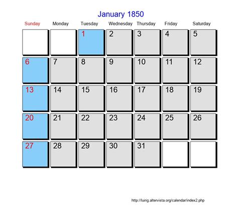 January 1850 Roman Catholic Saints Calendar