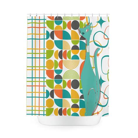 Atomic Cat Shower Curtain Mid Century Modern White Aqua Orange