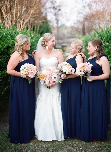 Blue Wedding - Navy Blue Bridesmaid Dresses Paired with Peach and Green Bouquets - ColorsBridesmaid