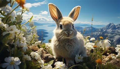 Premium AI Image Cute Baby Rabbit Sitting In Green Meadow Fluffy Fur