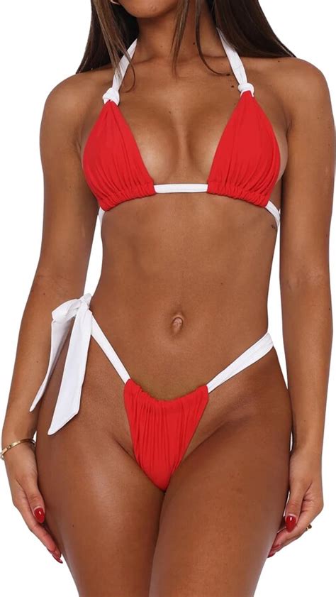 Roevite Triangle String Bikini Set For Women Color Block Thong Bikini