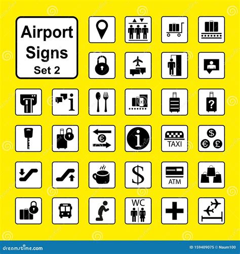 Set Of Airport Icons Or Signs Black And White Pictograms Isolate Stock