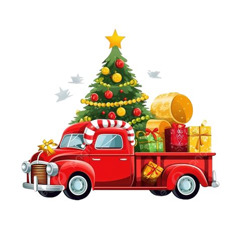 Red Santa Car With In Yellow Winter Cap And Christmas Tree Forest With