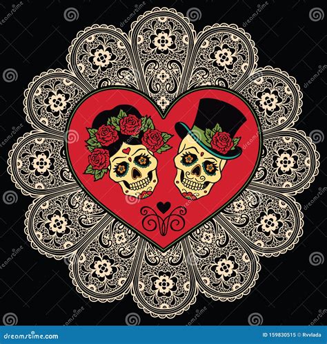 Mexican Sugar Skulls With Heart And Lace Dia De Los Muertos Stock