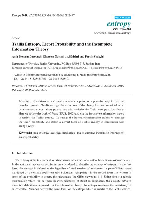 Pdf Tsallis Entropy Escort Probability And The Incomplete