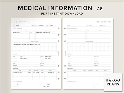 Medical Information Sheet A5 Printable Planner Inserts Etsy