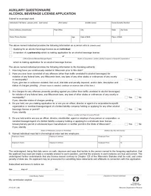 Fillable Online At Auxiliary Questionnaire Alcohol Beverage