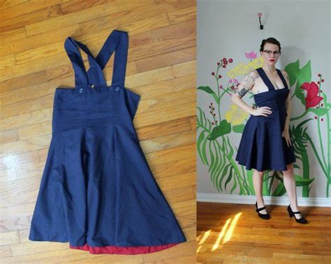 Vintage Navy Blue Pinafore Dress With Red Lining