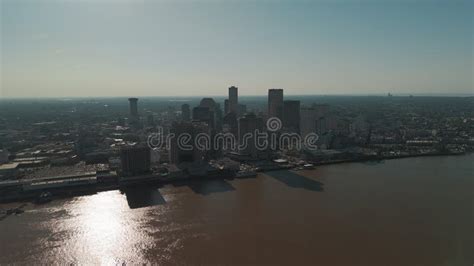 Wide Drone Shot Of Mississippi River Waterfront And Downtown City