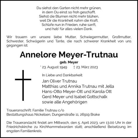 Traueranzeigen Von Annelore Meyer Trutnau Nordwest Trauer De