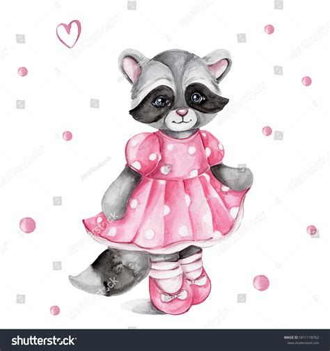 Cute Cartoon Raccoon Girl Pink Dress Stock Illustration 1811178763