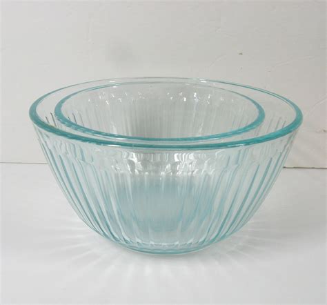 Set Of 2 Pyrex Ribbed Mixing Bowls 90s Vintage Bluegreen Tinted