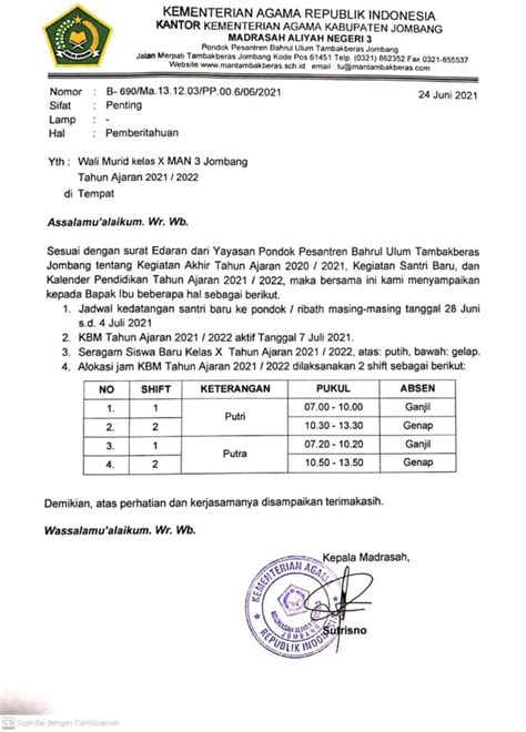 Surat Pemberitahuan Kepada Wali Peserta Didik Baru Kelas X Tahun Ajaran