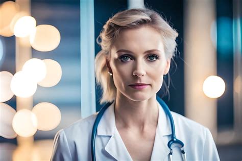 Premium Ai Image A Woman In A White Lab Coat With A Stethoscope Around Her Neck Stands In