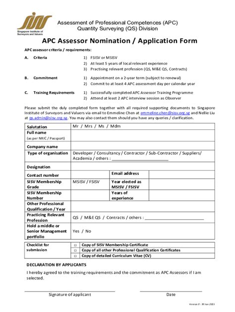 Fillable Online Apc Assessor Nomination Application Form Fax Email