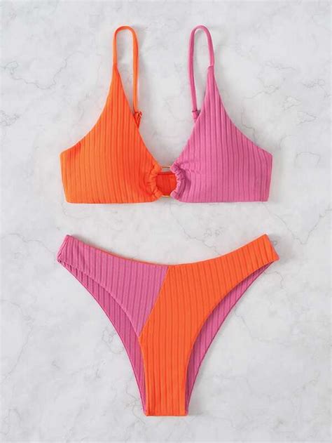 Shein Swim Vcay Colorblock Ribbed Bikini Set Ring Linked Cami Bra