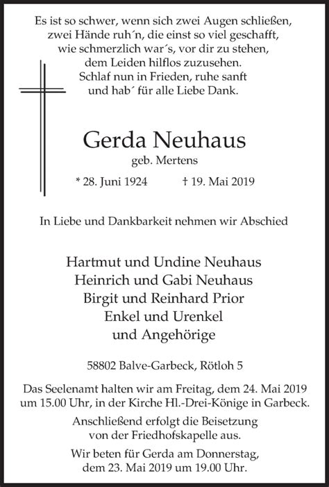 Traueranzeigen Von Gerda Neuhaus Trauer In NRW De