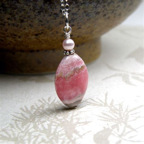 Pink Stone Necklace Rhodochrosite Pendant Sterling Silver Etsy Pink Stone Necklace