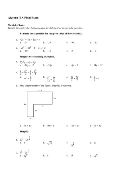 Algebra Final Exam With Answers Algebra Review Worksheets Wi