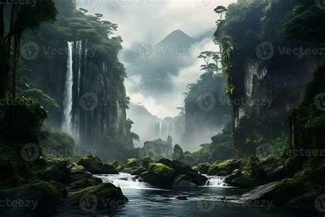 Tropical Rainforest Landscape With Waterfalls And Foggy Clouds AI