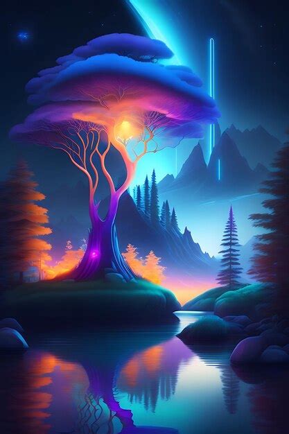 Premium AI Image | Fantasy world with glowing bioluminescence Avatar trees plants and waters